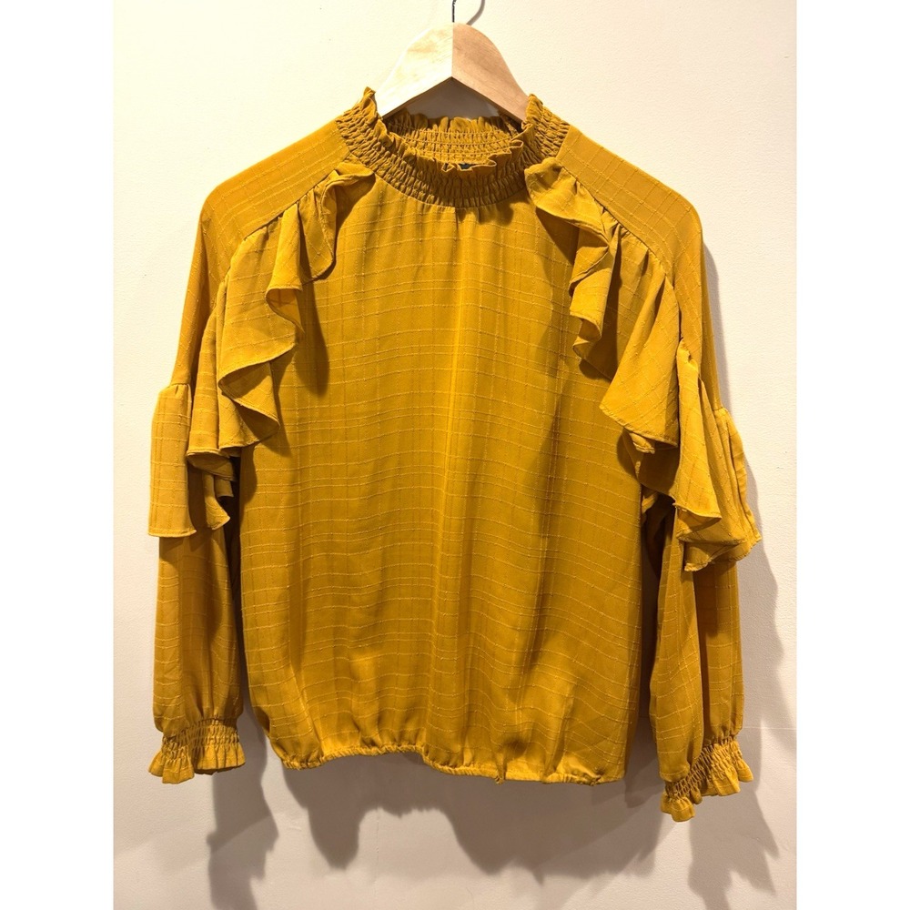 New York & Company Women's Yellow Solid Mock Neck Ruffle Long Sleeve Blouse M
